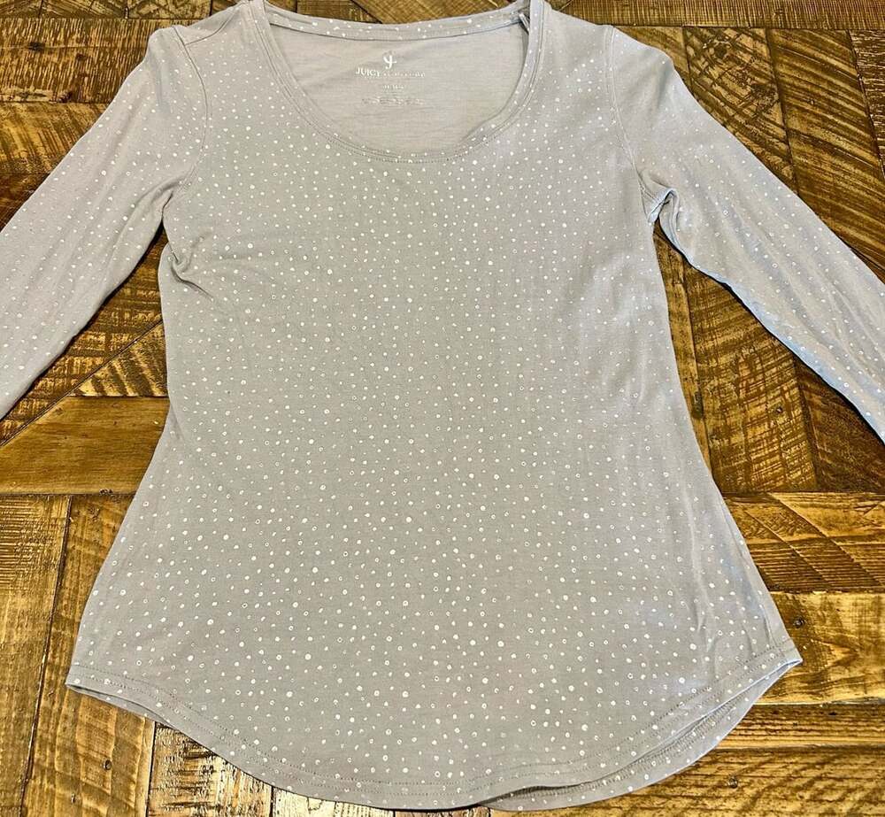 Juicy Couture Long Sleeve Scoop Neck Top Size Small Grey Dot Print